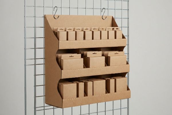 Brown corrugated cardboard sidekick display hanging on a metal grid, featuring three tiers of small plain boxes secured by S-clips.