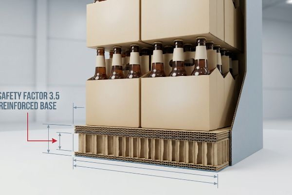 Reinforced corrugated base with honeycomb structure supporting beverage carriers, emphasizing Safety Factor 3.5 Reinforced Base.