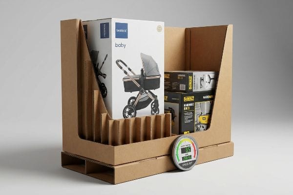 Brown corrugated display with vertical spines, holding Brateck Baby stroller and Dewalt Hardware Box II, featuring a Speed Roy Safety Meter 3.5.