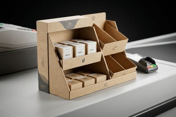A multi-tiered kraft cardboard point of sale display featuring Sagaform Naturals products and empty bins on a checkout counter.
