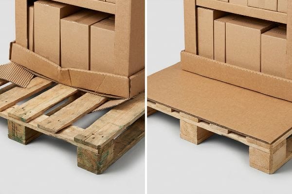 Socle en carton ondulé d'un présentoir s'affaissant dans les interstices d'une palette en bois, contrairement à un socle plat soutenu par une feuille de glissement.