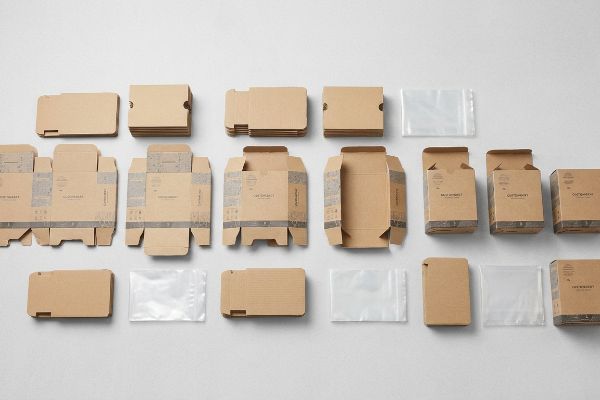Brown kraft cardboard packaging components, including flat-pack sheets, partially folded cartons, and assembled boxes labeled 'Salt & Sweet', 'Customary', 'Outpost', alongside clear plastic pouches.