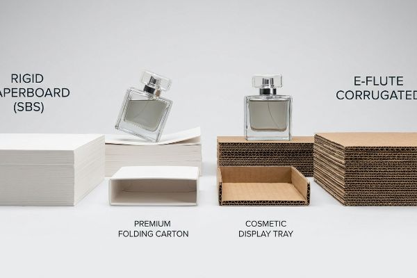 Rigid Paperboard (SBS) and E-Flute Corrugated materials displayed with a Premium Folding Carton and Cosmetic Display Tray, featuring perfume bottles.