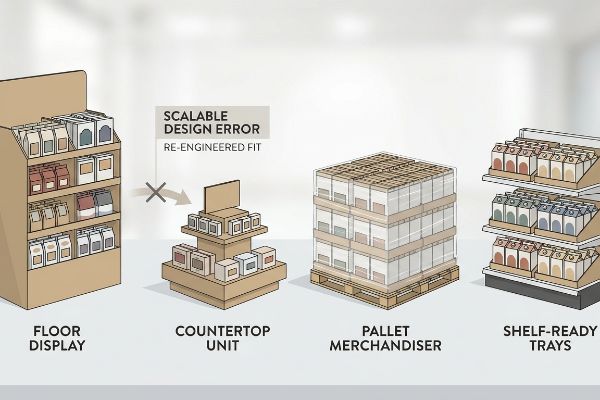 Cardboard retail displays: Floor Display, Countertop Unit with Scalable Design Error, Re-Engineered Fit, Pallet Merchandiser, and Shelf-Ready Trays.
