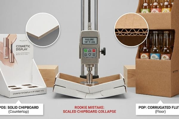 A compression test shows a white POS: Solid Chipboard box failing at 187.5 Lbs, illustrating 'Rookie Mistake: Scaled Chipboard Collapse', with insets of chipboard and Corrugated Flute.
