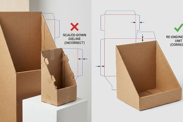 Damaged small corrugated countertop display next to an incorrect scaled-down dieline with tiny tabs, highlighting assembly friction.