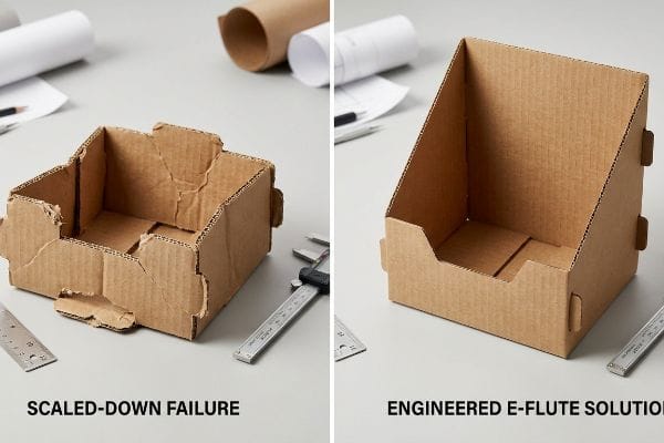 Failure vs E-Flute Contrasting Scaled-Down Failure cardboard display with an Engineered E-Flute Solution countertop unit.