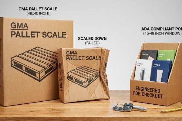 Uma caixa grande de balança para paletes GMA (48x40 polegadas) e uma versão reduzida que não funcionou, ao lado de um expositor de ponto de venda (PDV) em conformidade com a ADA, projetado para o caixa, com um micrômetro.