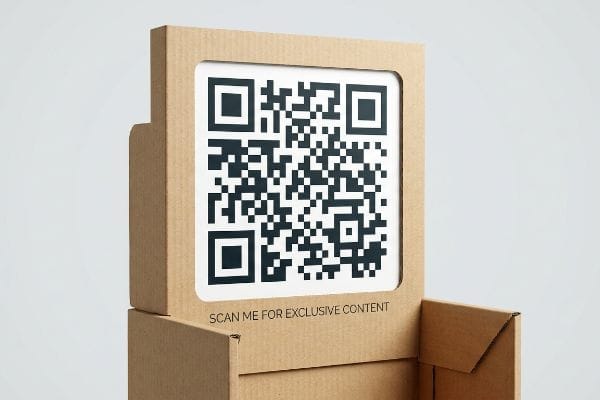 POS-Display aus brauner Wellpappe mit einem großen QR-Code in einem ausgestanzten Rahmen und dem Text „Scan Me For Exclusive Content“.