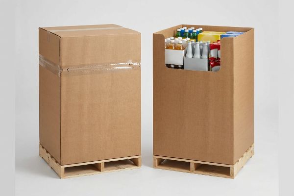 Unidades de embalagem de papelão ondulado marrom, prontas para exposição em paletes de madeira, uma lacrada e outra aberta, exibindo diversas garrafas de bebidas.