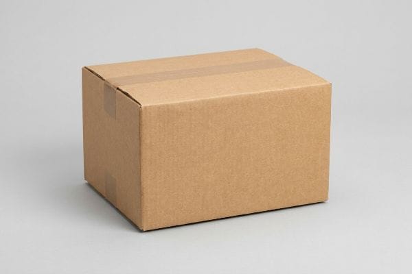 A single, sealed brown corrugated cardboard shipping box, made from kraft board, on a light gray background.