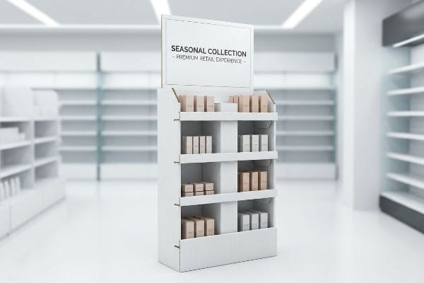 FSDU Seasonal Collection Display A brightly lit retail store aisle features a white corrugated floor standing display unit showcasing "Seasonal Collection - Premium Retail Experience" and small product boxes.