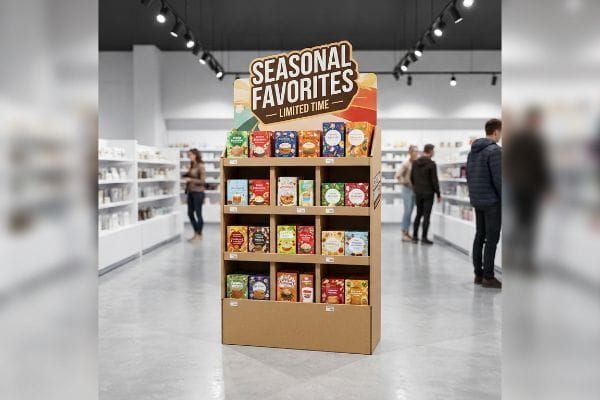 A bustling retail store features a corrugated POP display showcasing 