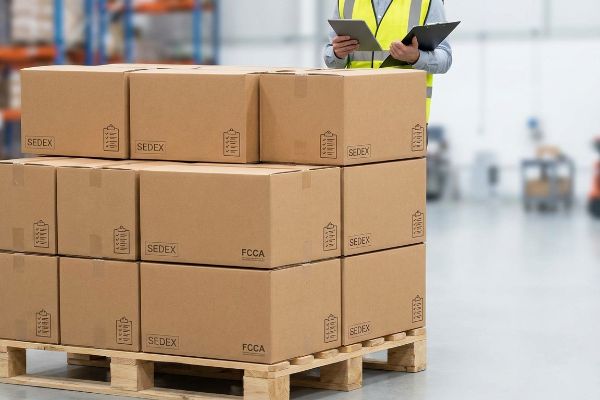 Brown corrugated boxes with Sedex and Fcca logos stacked on a wooden pallet in a warehouse, with an auditor checking inventory.