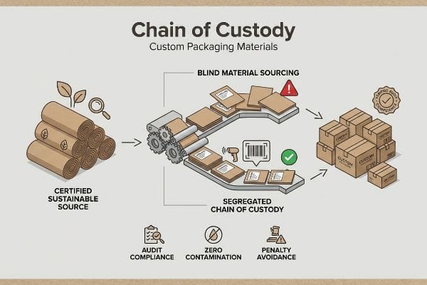 Infographic illustrating Custom Packaging Materials Chain of Custody, from Certified Sustainable Source to Segregated Chain of Custody, for compliance and contamination avoidance.