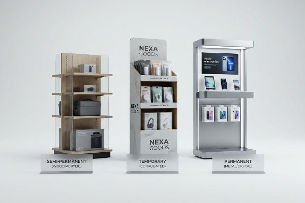 Three retail displays: semi-permanent wood/acrylic, temporary corrugated Nexa Goods permanent metal/digital electronics.