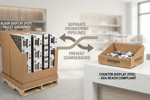 Pallet-anchored floor display and ADA-compliant 'Branded' counter display, illustrating separate engineering pipelines to prevent chargebacks.