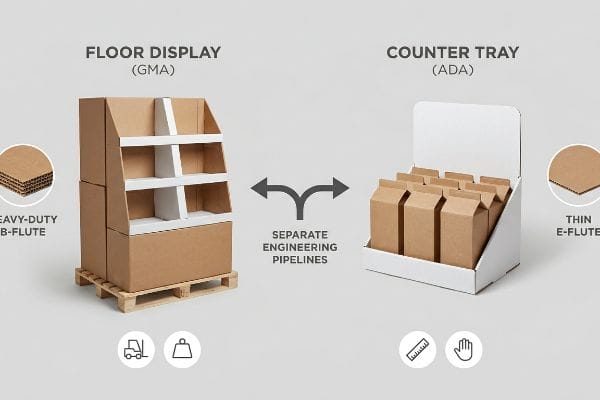 Heavy-Duty B-Flute Floor Display (GMA) and Thin E-Flute Counter Tray (ADA) illustrate separate engineering pipelines for retail POP.