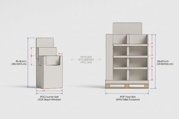 Pos Counter Unit (Ada Reach Window) 15-48 inch and Pop Floor Unit (Gma Pallet Footprint) 48x40 inch, showing separate engineering.