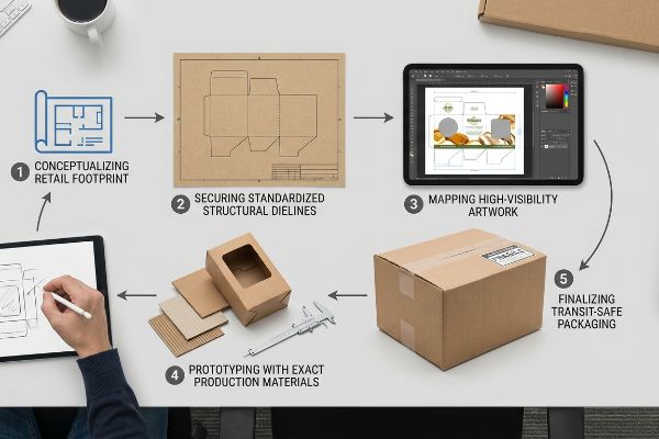 Diagram showing the 5-step packaging display creation process: Conceptualizing Retail Footprint, Securing Structural Dielines, Mapping Artwork, Prototyping Materials, and Finalizing Transit-Safe Packaging.