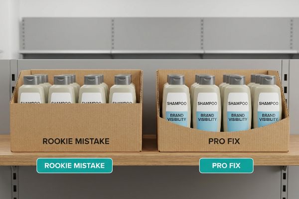 棚に並べられた段ボール製のPDQトレイ。シャンプーのラベルを隠す高い縁が付いた初心者向けの失敗例と、ブランド認知度を高めるための型抜き加工が施されたプロ向けの修正例が比較されている。.