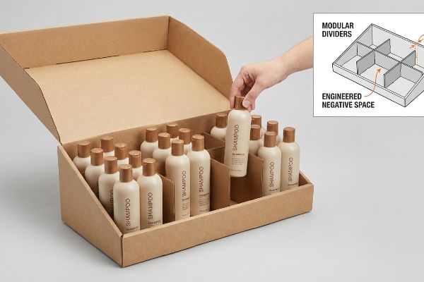 Plateau PDQ en carton ondulé avec séparateurs modulaires pour flacons de shampoing, illustrant un espace négatif optimisé pour un réapprovisionnement efficace.