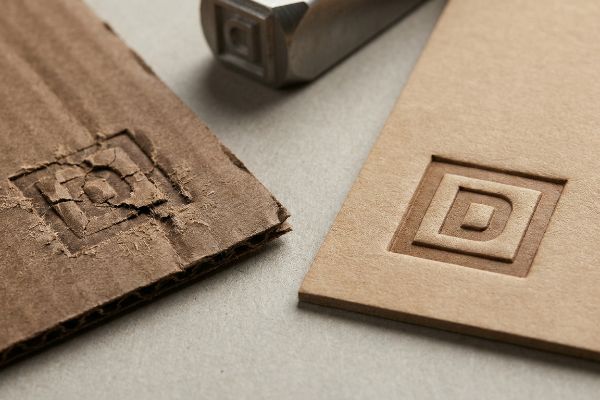 Debossed logo on cracked recycled testliner and clean virgin kraft, showing material fiber limits with a metal die.