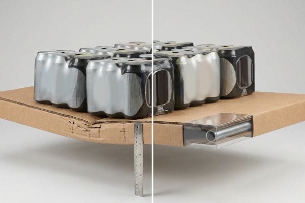Bowing corrugated shelf with beverage multipacks and ruler on left, versus flat, steel-reinforced shelf on right.
