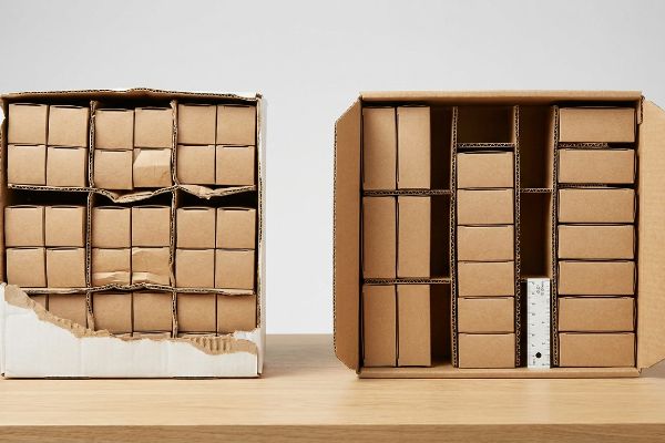 Corrugated cardboard shelf packs comparing a torn, tightly packed box to an organized one with dividers and a ruler measuring clearance.