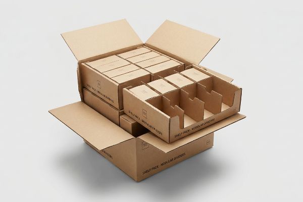 Corrugated cardboard master carton holds Shelf Pack - Modular Dividers and Model 60 Dividers for retail.