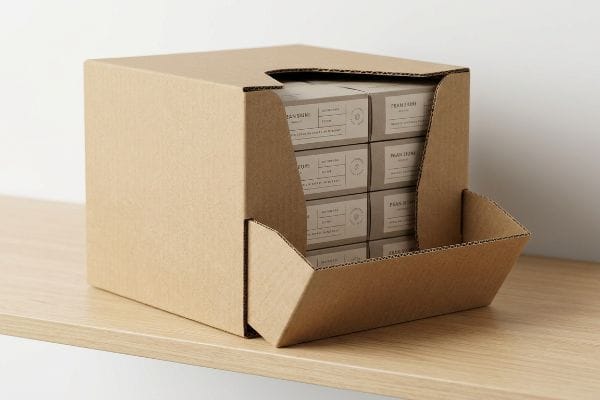 Brown corrugated cardboard shelf-ready display box with 'Pecan Dream' and 'Cranberry' product boxes on a wooden shelf.