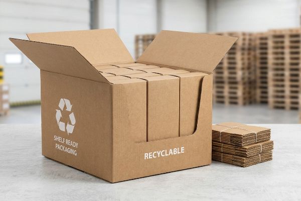 A brown corrugated cardboard shelf-ready packaging box, featuring a recycling symbol and 'Recyclable' text, holds smaller mono-material packages in a warehouse setting.