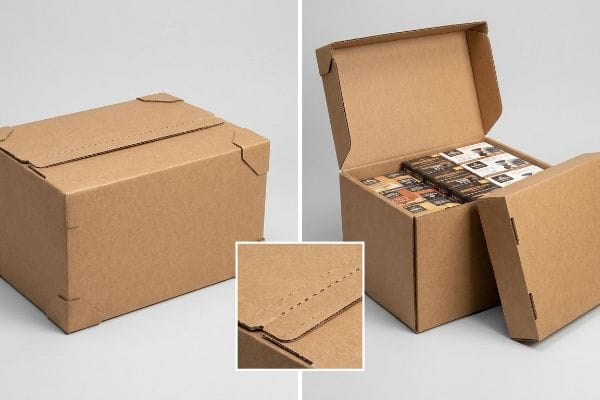 Brown corrugated retail-ready shipper display box featuring a perforated tear-away lid, shown both closed and open with product packages inside.