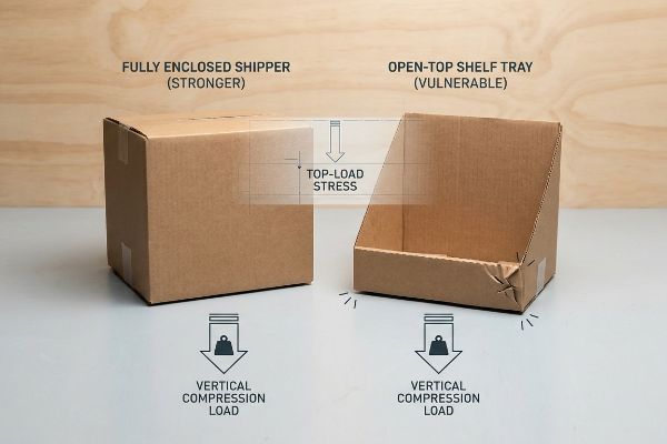 Corrugated cardboard boxes illustrate Top-Load Stress: a Fully Enclosed Shipper (Stronger) and an Open-Top Shelf Tray (Vulnerable) under Vertical Compression Load.