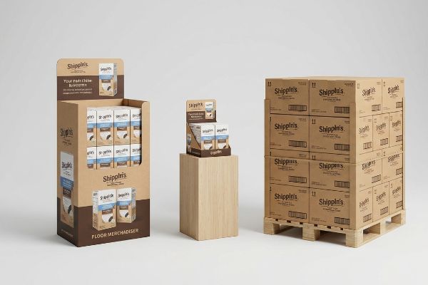 Kraft cardboard Shippln's pet product displays: floor merchandiser, countertop unit, and palletized bulk boxes.
