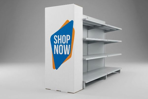 White retail end cap display with multiple empty shelves, featuring a high-contrast blue and orange 'Shop Now' graphic.