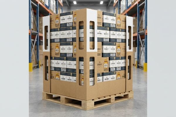 Brown double-wall B-flute pallet display with 'Shop-Through' windows, holding Generic C beverage boxes in a warehouse.