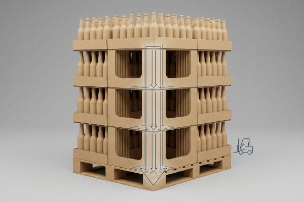 Corrugated cardboard trays with beverage bottles on a club store pallet, illustrating vertical load distribution and shop-through architecture with windowed supports.