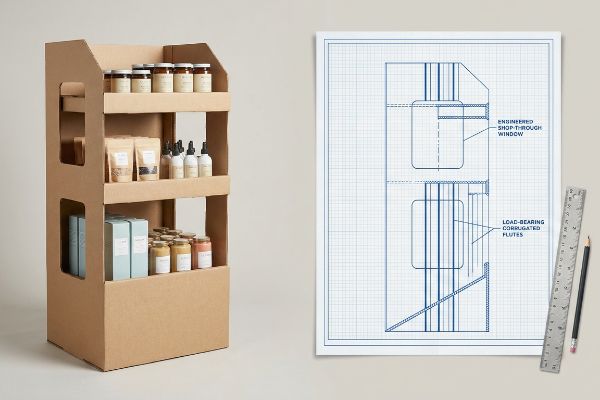 Corrugated retail display with products alongside a blueprint illustrating Engineered Shop-Through Window and Load-Bearing Corrugated Flutes.