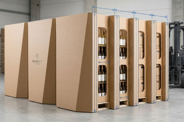 Corrugated cardboard pallet displays with BrandBrand logo, showcasing Shop-Through architecture for wine bottles in a warehouse.
