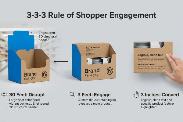 3-3-3 Shopper Engagement Rule Three custom retail display boxes demonstrate the 3-3-3 Rule of Shopper Engagement, featuring a blue spot color flood, engineered 3D structural header, and a die-cut retaining lip for product visibility.