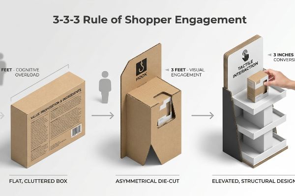 3-3-3 Rule of Shopper Engagement: Flat, Cluttered Box, Asymmetrical Die-Cut, Elevated, Structural Design.