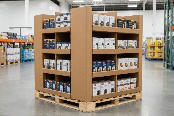 Brown corrugated pallet display loaded with retail products on a wooden base in a warehouse club.