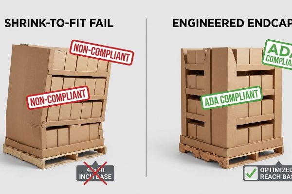 Brown corrugated displays show 'Shrink-To-Fit Fail' (Non-Compliant, 40x40 Inch Base) versus 'Engineered Endcap' (Ada Compliant, Optimized Reach Base).