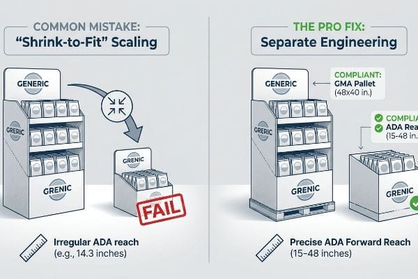 Das Diagramm vergleicht „Shrink-to-Fit Scaling“ (14,3 Zoll Reichweite gemäß ADA nicht möglich) mit „Separate Engineering“ (15-48 Zoll Reichweite gemäß ADA konform) für Verkaufsdisplays.