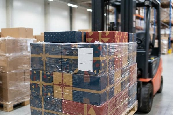 شحن هدايا العطلات من المستودع صناديق هدايا احتفالية مغلفة بغلاف بلاستيكي على منصة نقالة في مستودع، تم تجهيزها للشحن الموسمي بواسطة رافعة شوكية.