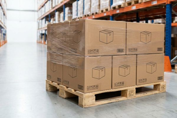 Six shrink-wrapped master cartons on a wooden Euro pallet in a warehouse, ready for bulk inventory.