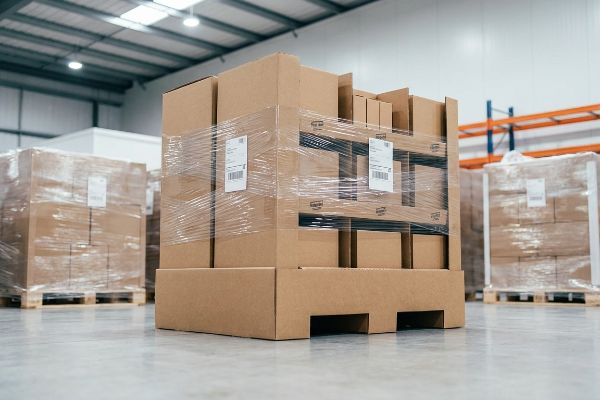 Pallets of shrink-wrapped cardboard boxes, optimized for shipping density, sit on a concrete warehouse floor.