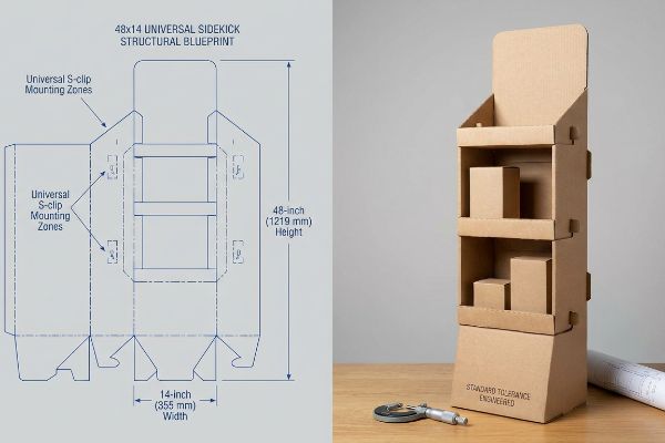 Corrugated 48x14 Universal Sidekick display blueprint with S-clip mounting zones and physical stand showing Standard Tolerance Engineered text.