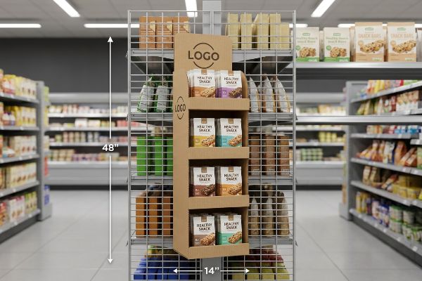 Corrugated sidekick display, 48x14 inches, hanging on a wire grid, filled with Healthy Snack pouches in a supermarket aisle.